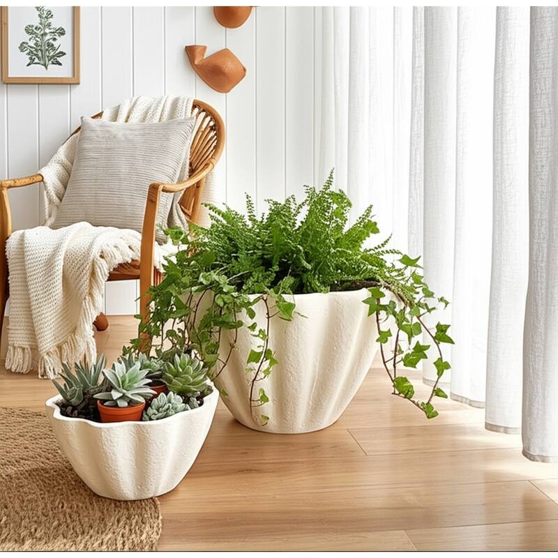 Pottery Planters Scalloped Edge Home Garden (Set of 2) - 15/18" White - 18.25" x 18.25" x 9.75"