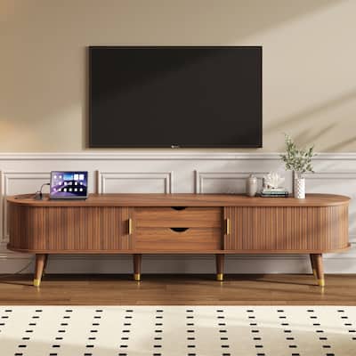 Farmhouse TV Cabinet with Golden Handle,Charging Station and Sliding Tambour Door