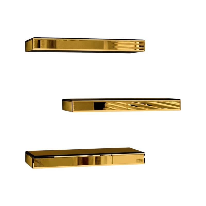 HomeRoots Set Of Three Gold Glass Wall Mounted Floating Shelves - 14.57 in. x 1.97 in. x 5.51 in.