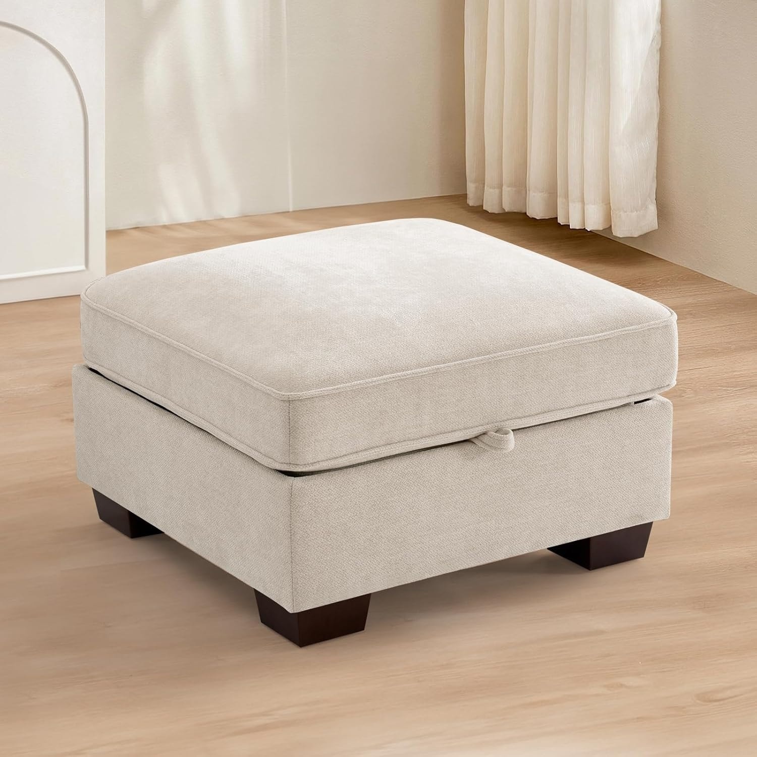 27.5" Storage Ottoman with Padded Seat, Chenille Fabric Step Stool for Bedroom or Living Room, Wood Legs