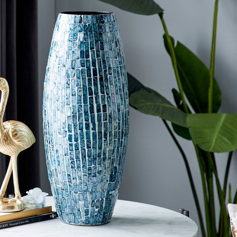 Mother of Pearl Shell Handmade Mosaic Inspired Vase - Blue - Roche River Decor - 8"W x 8"L x 19"H