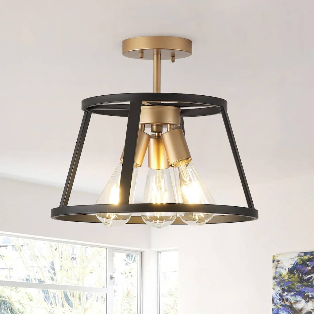 Matte Black 3-Light Openwork Metal Drum Shade Semi-Flush Mount Ceiling Light Fixture