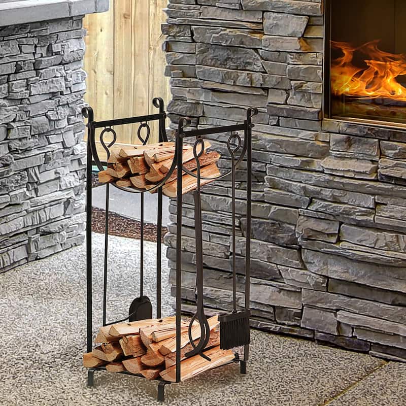 Outsunny 15" 2-Tier Firewood Log Rack with Tools, Fireplace Wood Storage Holder with Shovel, Broom, Poker, Tongs and Hooks - Black