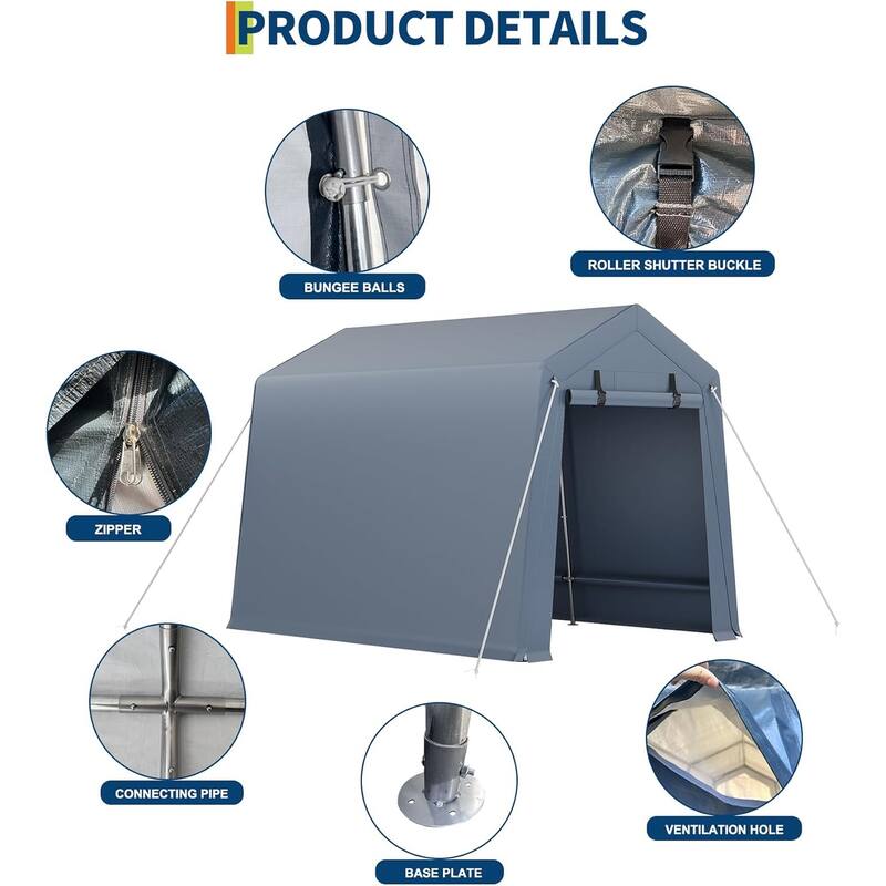 Outdoor Storage Shed, Portable Carport with Roll-Up Ventilated Zipper Door and Windows, Heavy Duty Waterproof Tarp