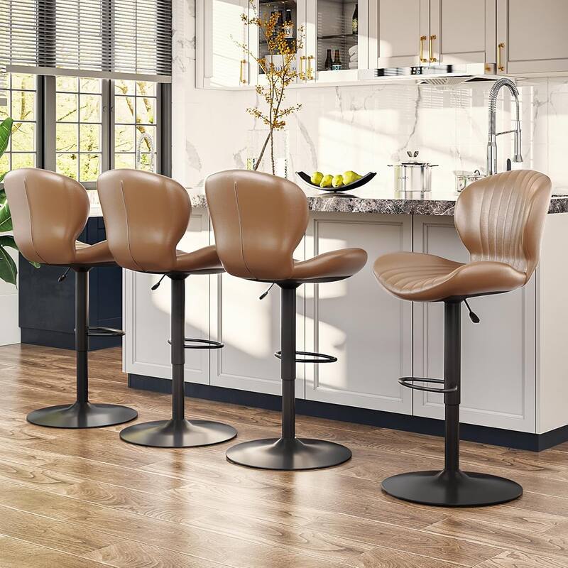 BOSSIN Set of 2 Modern Adjustable Bar Stools, Faux Leather Upholstered Swivel Counter Stools - 16.5"D x 19.6"W x 46.9"H