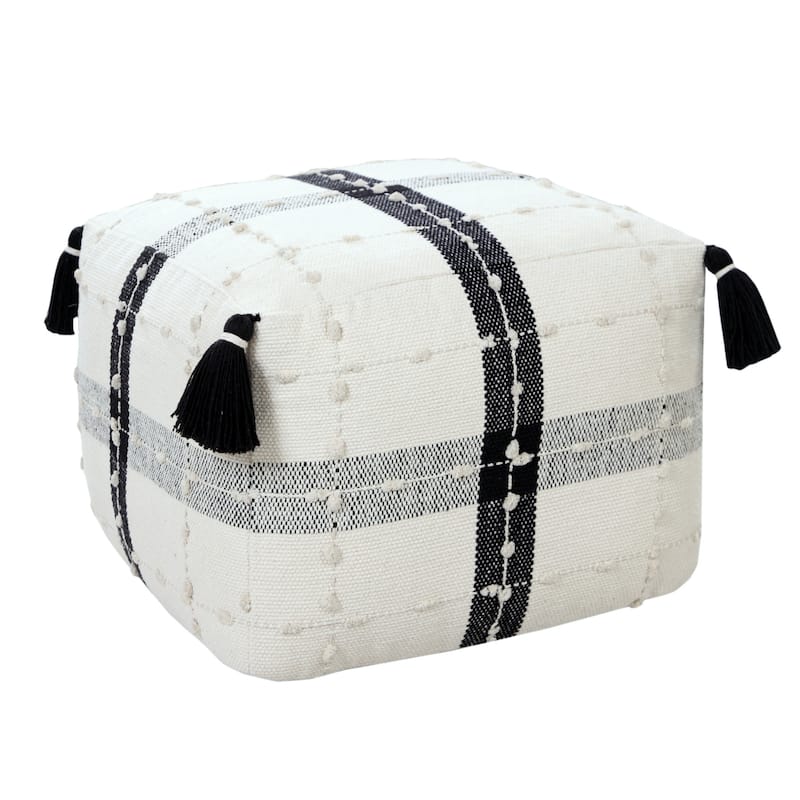Black-White Striped Cotton Pouf Ottoman 18" Square Upholstered Footstool with Removable Cover - White-Black