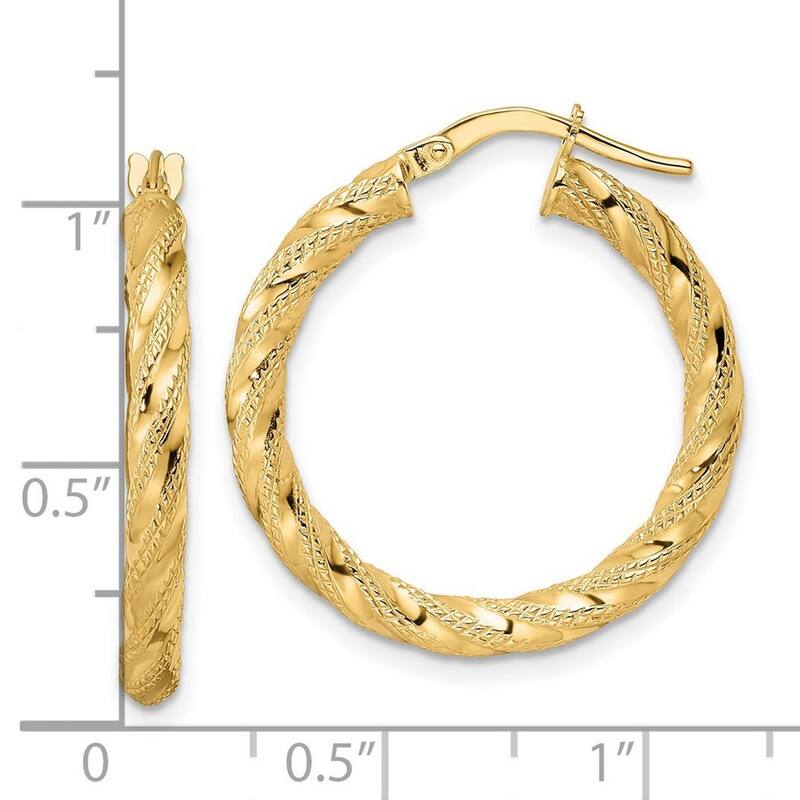 Curata 14k Yellow Gold Stripe Textured Twisted 26.5x3mm Hoop Earrings