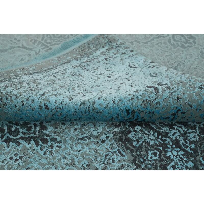 Machine Made Oriental Polyester Carpet Traditional Floral Navy Blue & Blues Agra Area Rug - 7' 5'' X 5' 2''