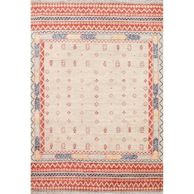 Vegetable Dye Tribal Geometric Kazak Area Rug Hand-knotted Wool Carpet - 4'0" x 5'7"