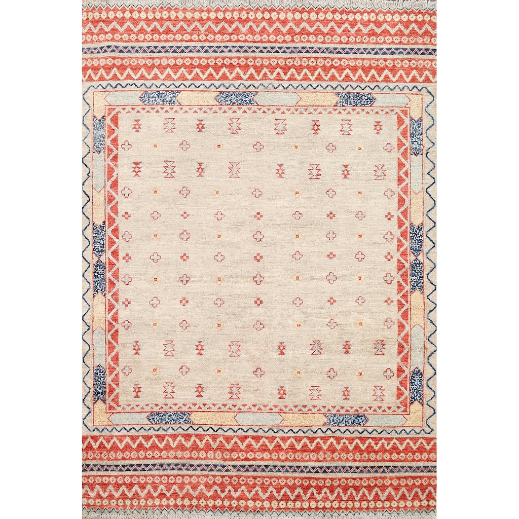 Vegetable Dye Tribal Geometric Kazak Area Rug Hand-knotted Wool Carpet - 4'0" x 5'7"