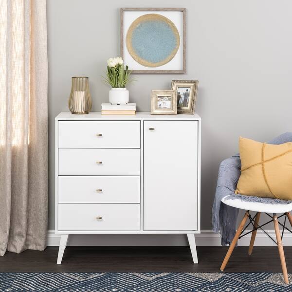 slide 2 of 21, Prepac Milo Mid-Century Modern 4 Drawer Combo Dresser, Chest of Drawers With Door, Contemporary Bedroom Furniture White