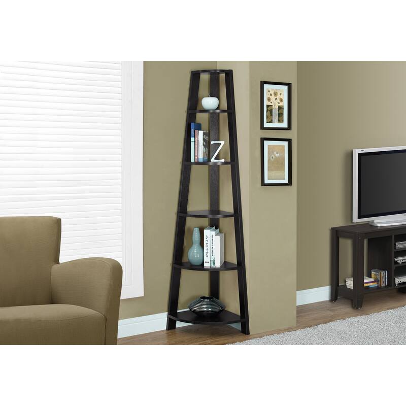 Bookshelf, Bookcase, Etagere, Corner, 5 Tier, 72"h, Office, Bedroom, Laminate, Contemporary, Modern