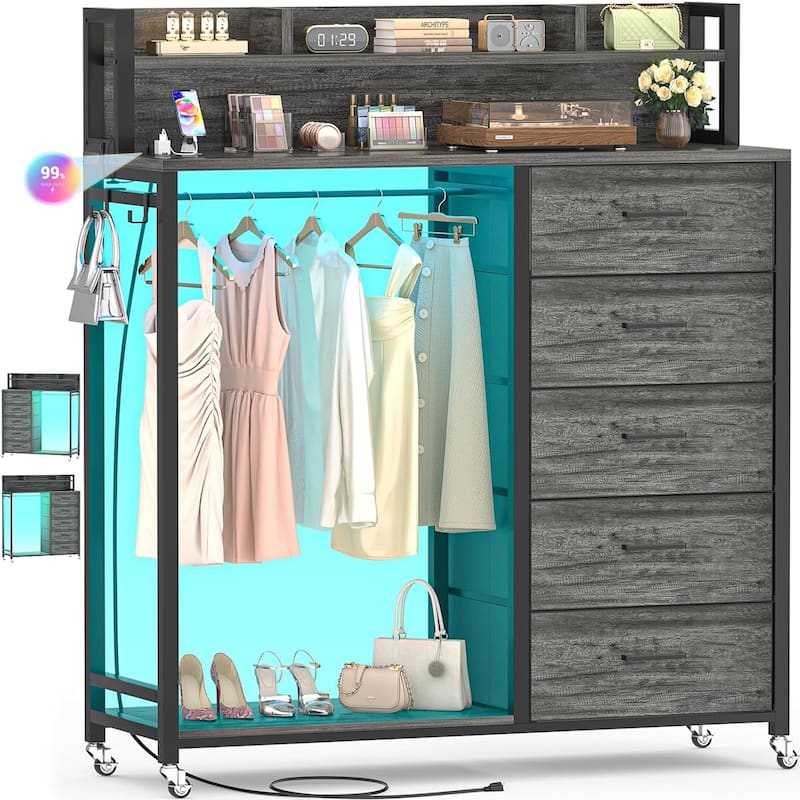 5 Drawers Dresser with Charging Station & LED Lights, Chest of Drawers with Hanging Rod ＆ Lockable Wheels ＆ Storage Shelves