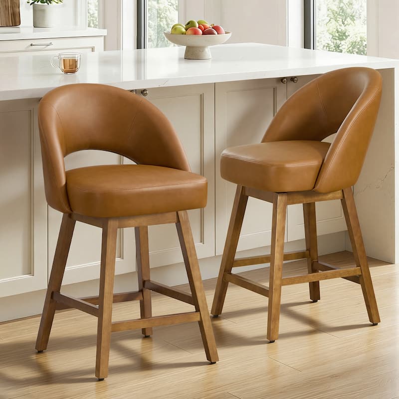 Upholstered Swivel Counter Height Bar Stools with Cutout Back and Solid Wood Frame - 38.2"H x 22.1"W x 23.6"D