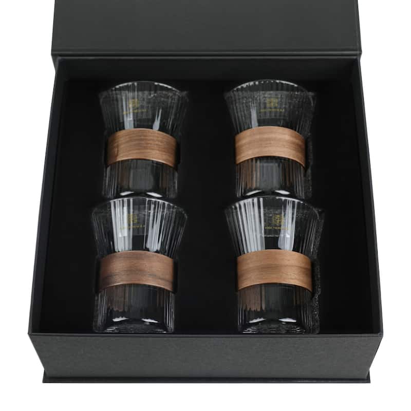 Bruno Magli Set of 4 Whiskey Rock Glasses with Wood Band - 10 oz