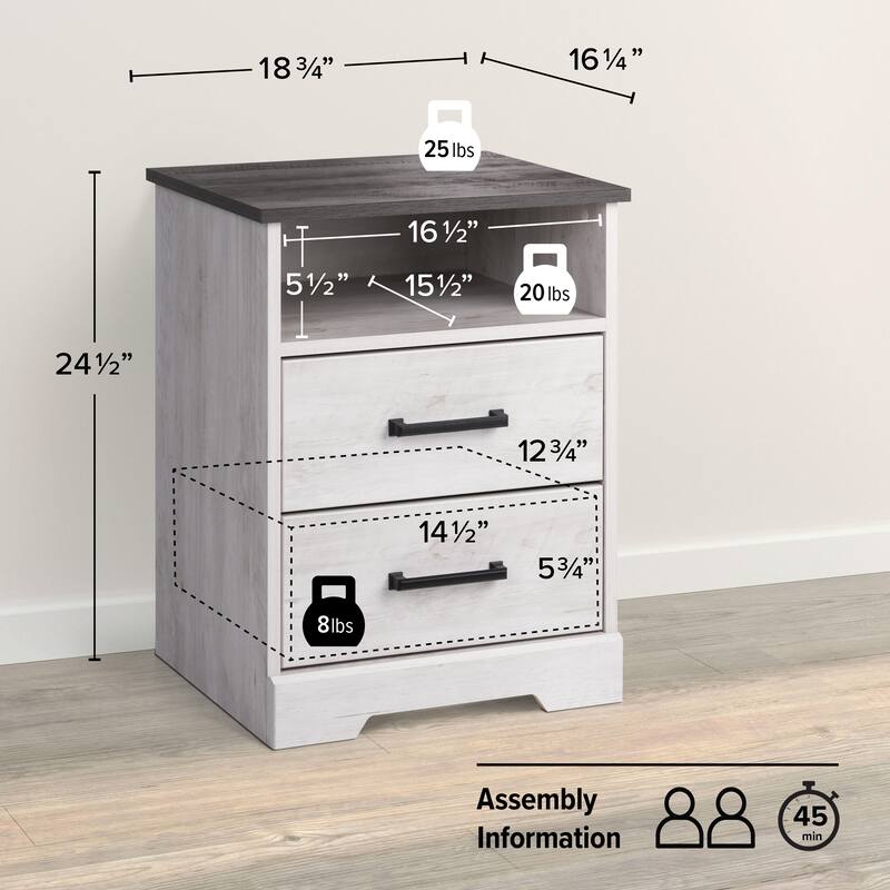 Prepac Rustic Ridge Farmhouse Nightstand Bedside Table, Nightstand for Bedroom, End Table with 2 Drawers and Open Shelf