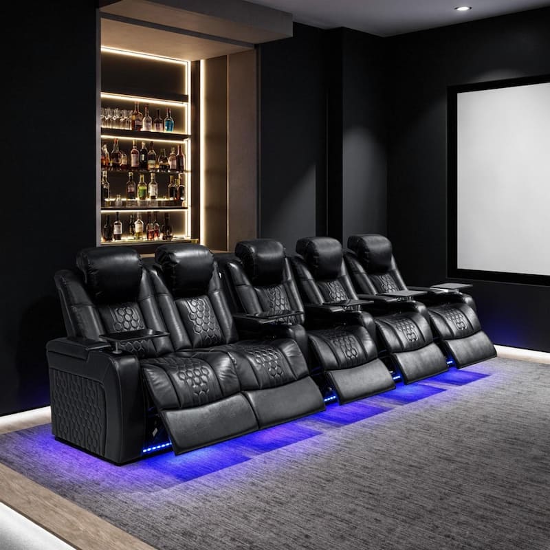 Roomfitters 155.5" Power Recliner 5-Piece Set, Top-Grain Nappa Leather, 27-Color RGB LED & USB-C Charging, Black - Black