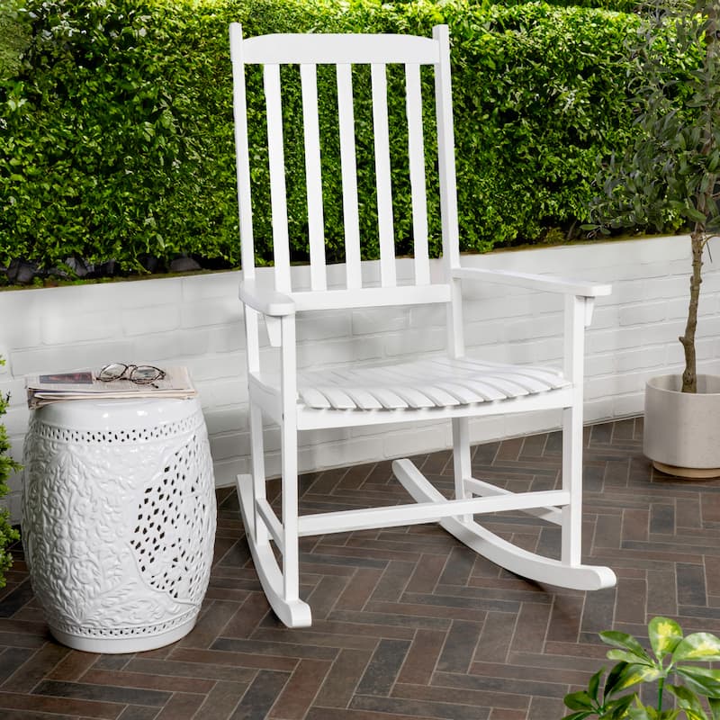 Parker Farmhouse Classic Slat-Back 350-LBS Support Acacia Wood Outdoor Rocking Chair, by JONATHAN Y