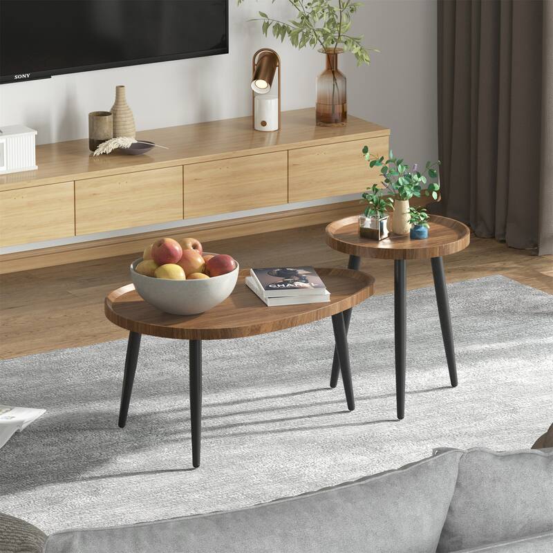 Modern Round Coffee Table Accent Nesting Tables Living Room Set of 2 - 31.5x21.7x15 inch - Walnut and Black