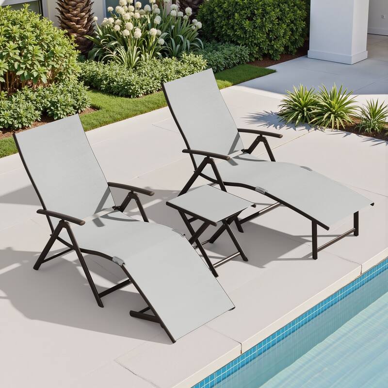 3-Pieces Outdoor Chaise Lounge Set Aluminum Adjustable Foldable Chaise Lounge Chairs and Side Table - Light Gray