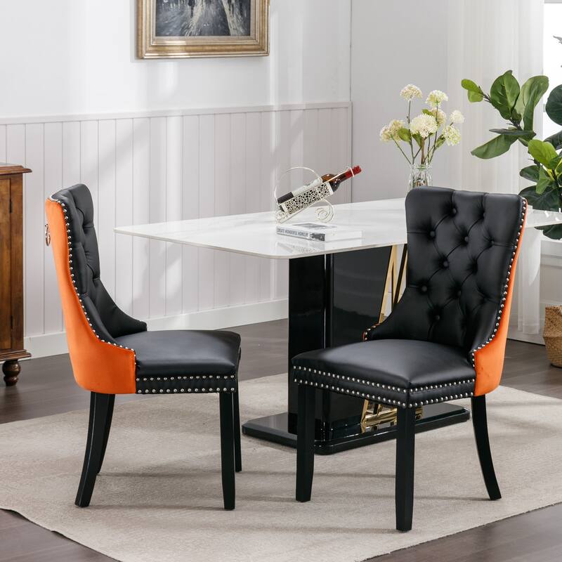 Tufted Solid Wood PU and Velvet Upholstered Dining Chair with Wood Legs 2-Pcs Set