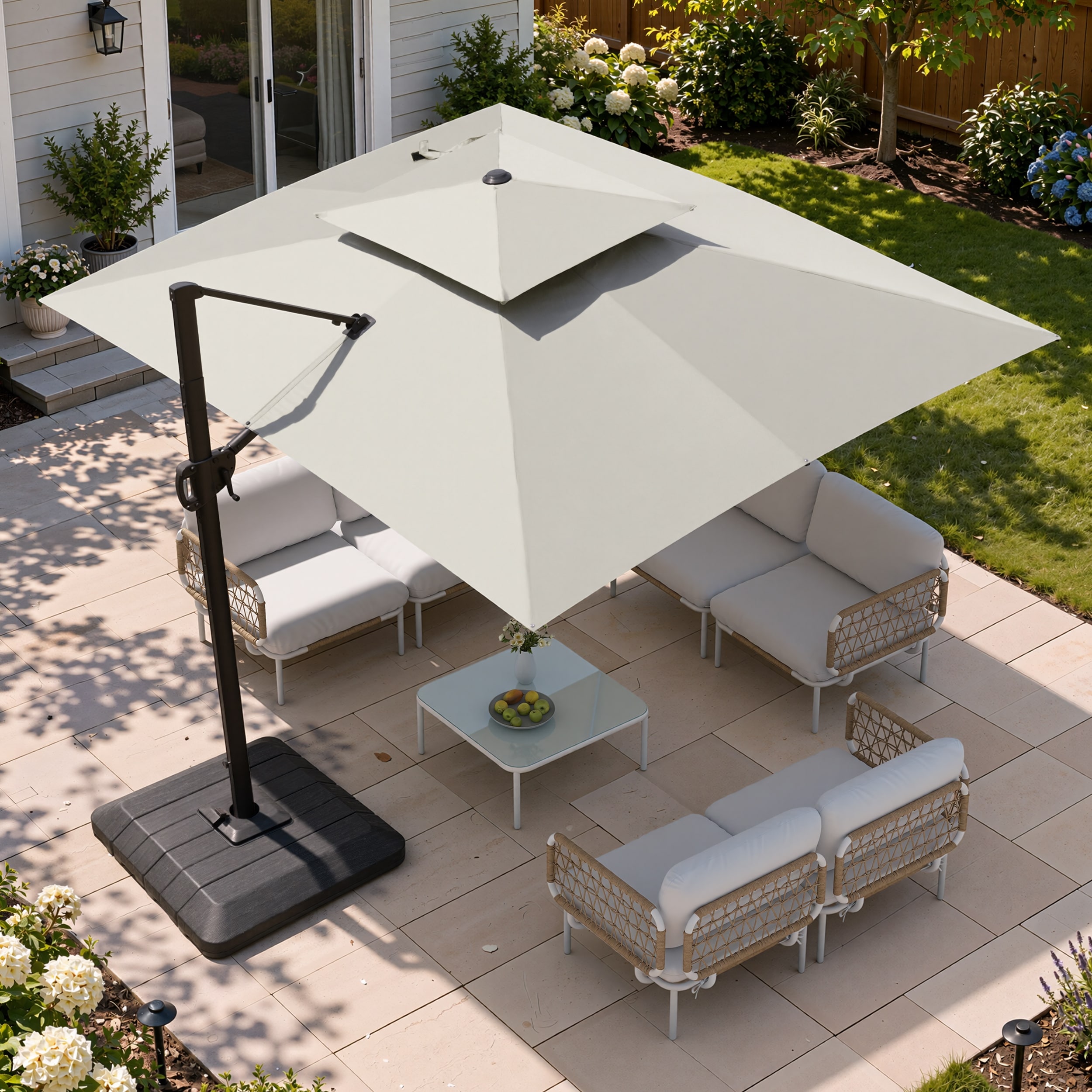 9 x 12 ft Outdoor Double Top Patio Cantilever Umbrella with 4-Piece Umbrella Base