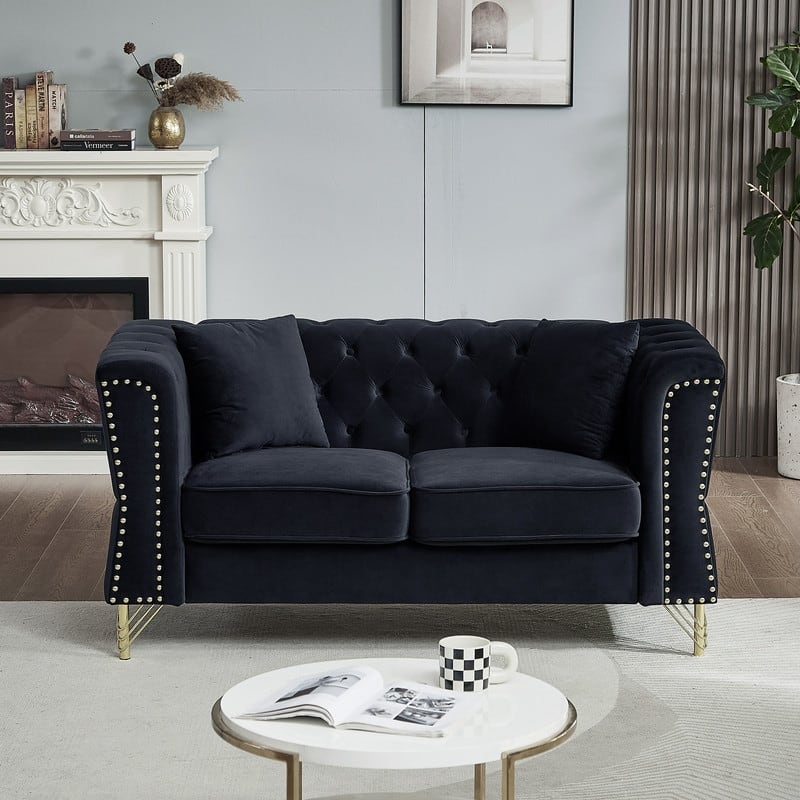 Modern Living Room Chesterfield Sofa,Tufted Couch with Metal Foot and Nailhead,Two Pillows