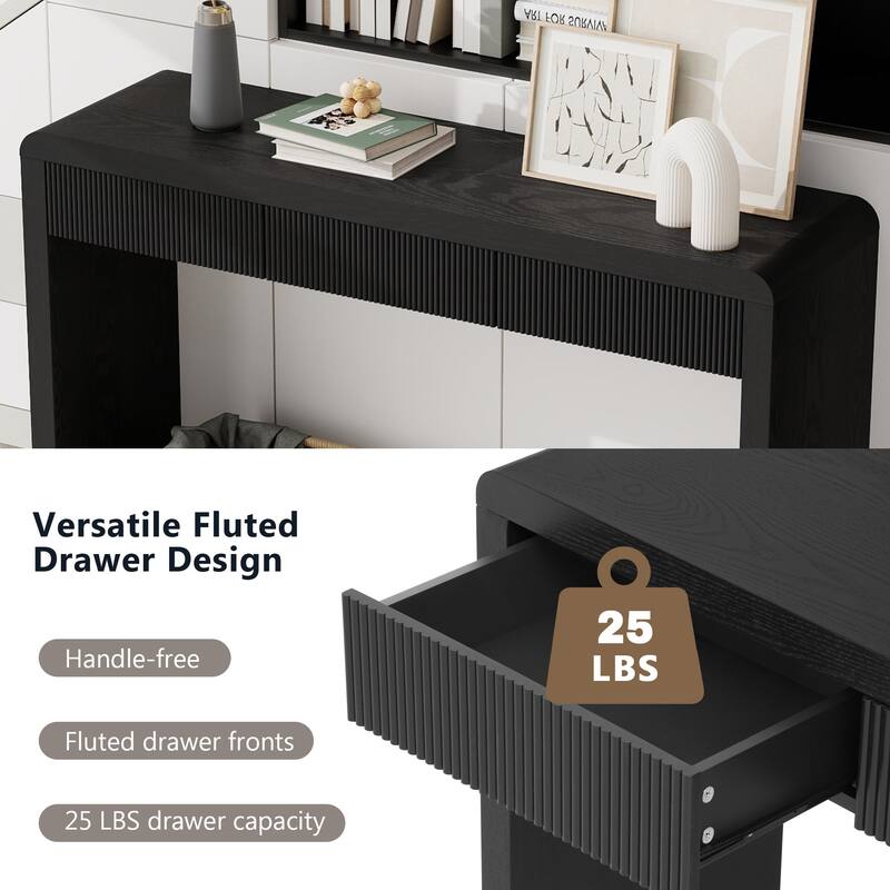 Curved Console Table with 3 Fluted Drawers, Solid Wood Veneer Entryway Table, Living Roomn Accent Table Hallway Side Table