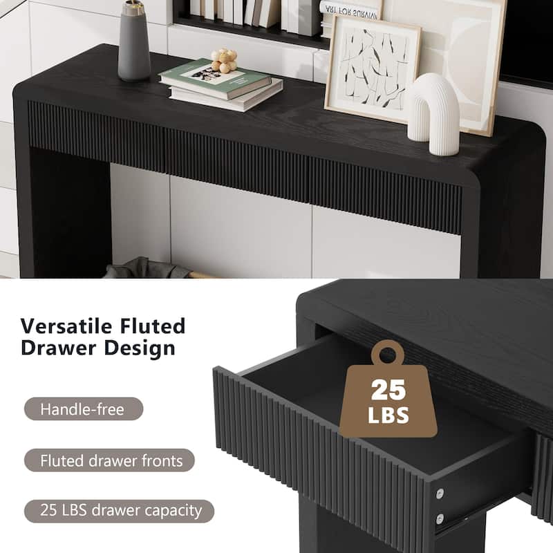 Roomfitters Rustic Console Table with 3 Fluted organizer, Solid Wood Veneer and Natural Wood Grain