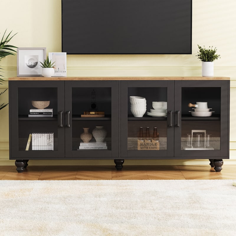 TV Storage Console for TVs up to 70" Media TV Console Table w/ 2 Cabinets, Glass Door Entertainment Center for Living Room