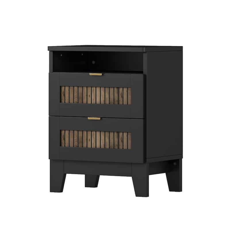 2-Drawer Farmhouse Wooden Nightstand with Wooden Strip Stickers Decoration & Metal Handle, Wood Side Table with Storage Cabinet