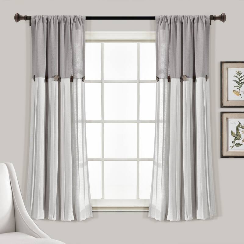 Lush Decor Linen Button Single Panel Window Curtain - 63"L x 40"W - Gray/Off-White