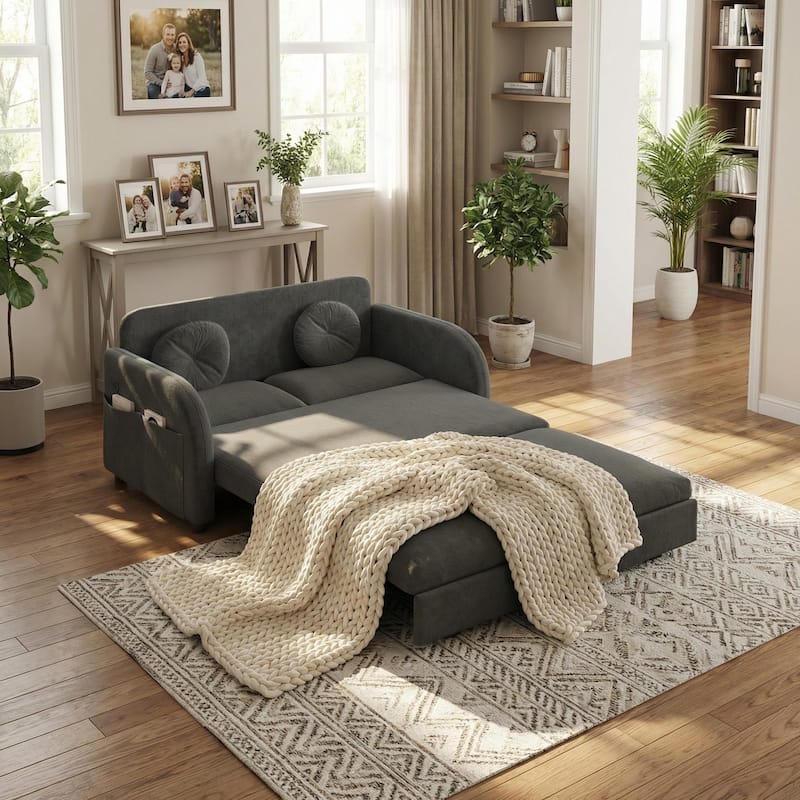 Homy Casa 3-in-1 Convertible Sleeper Sofa Bed, Pull-Out Couch w/ USB, Side Pocket & 4 Pillows, Chenille, 2/3/4-Seat