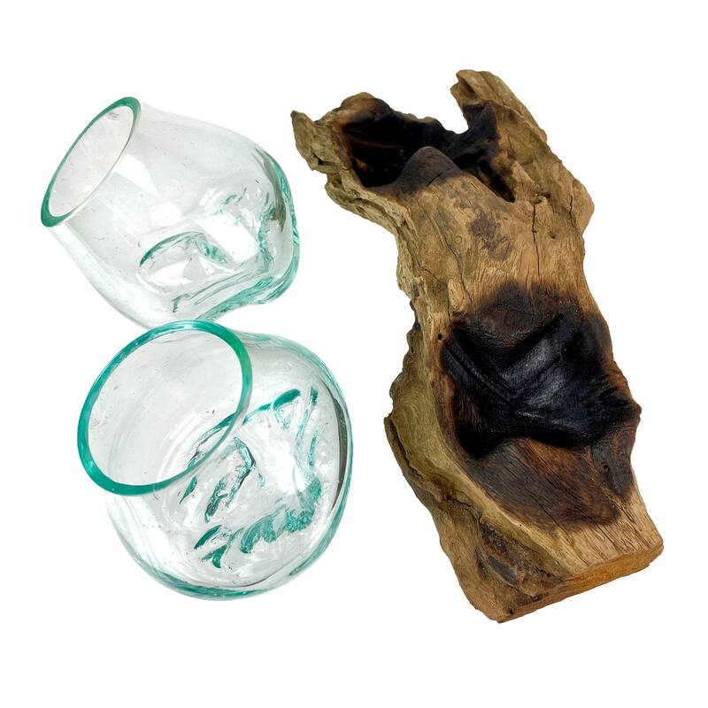 10.5" Double Molten Glass Bowls On Driftwood Hand Blown Planter