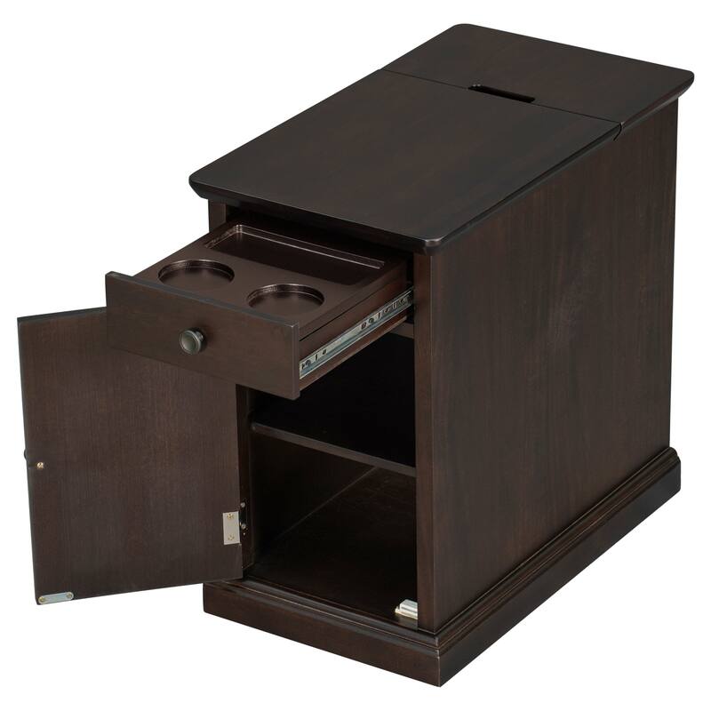 14" Vintage Rectangular Solid Wood End Table with USB Ports and One Multifunctional Drawer