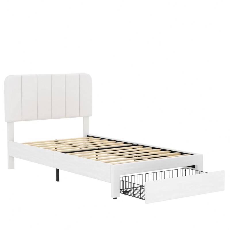 VECELO 2-Pack Kid Bed Frame Set Twin Size Platform Bed with Adjustable Upholstered Headboard Storage Drawer No Box Spring Needed