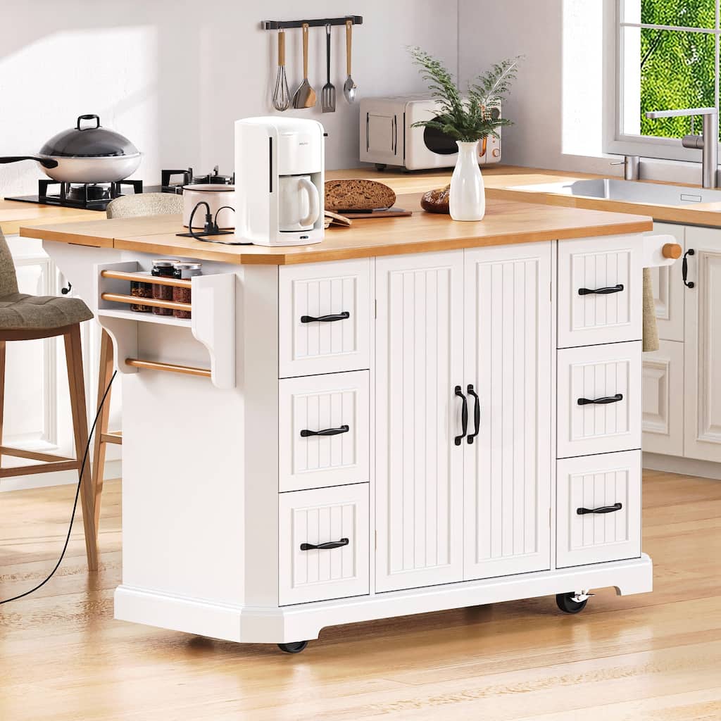 Kitchen Island with Rubber Wood Veneer Drop Leaf, Power Outlet, 4 Door Shelves