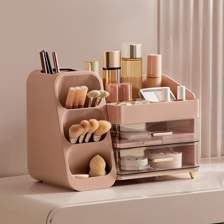 Makeup Organizer with Brush Holder for Vanity, Large Plastic Bathroom Countertop