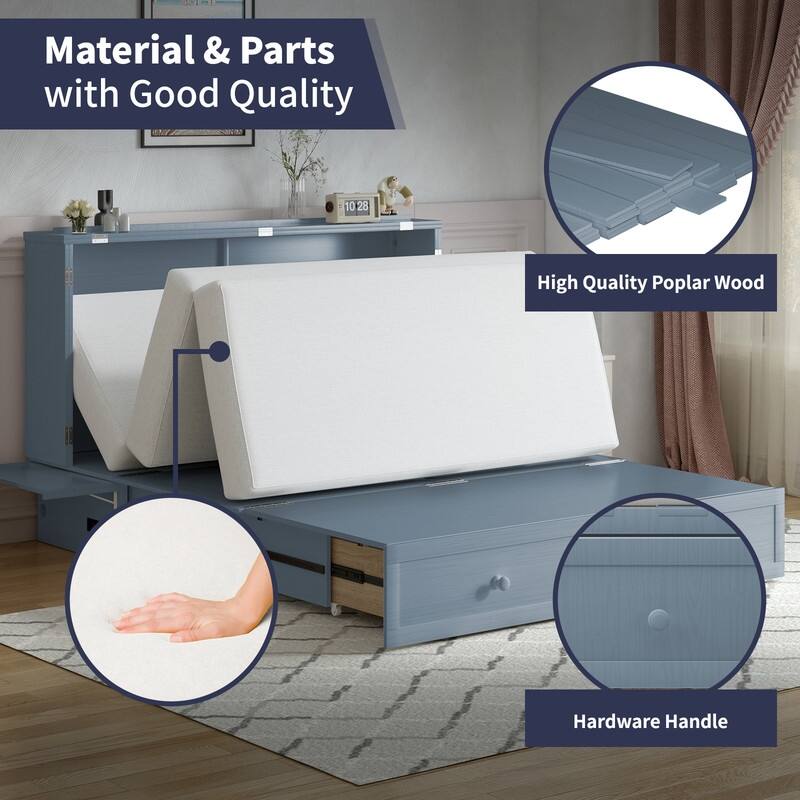 Mixoy Modern Murphy Bed Cabinet Chest with Mattress & Storage Platform