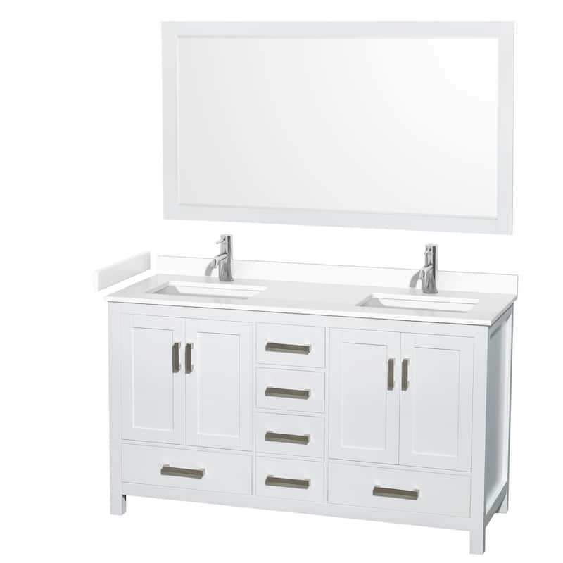 Sheffield Bathroom Vanity Set, Cultured Top, 58-Inch Mirror - 60-Inch Double - White, White Cultured Marble Top, Chrome Trim