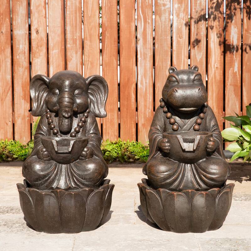 Glitzhome 21.75"H 2-Tiered Lighted Zen Style Frog Elephant Hippo Polyresin Outdoor Fountains