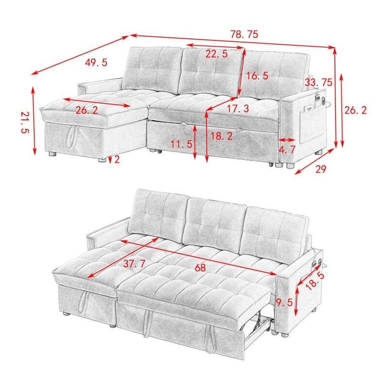 Futon Daybed Pull-Out Sofa Bed with USB and Tape-c, L-Shaped Sectional Sofa with Storage Chaise Lounge and Side Pocket