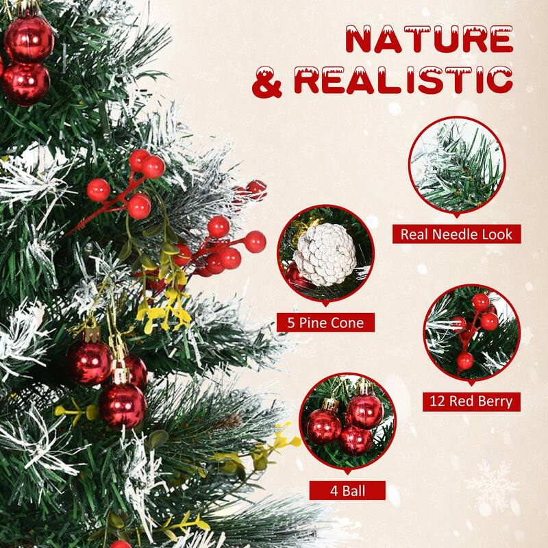 Pre Lit Artificial Christmas Trees with Snow Tips Pine Cones Berries and Ornaments Warm White LED Lights 8 Modes