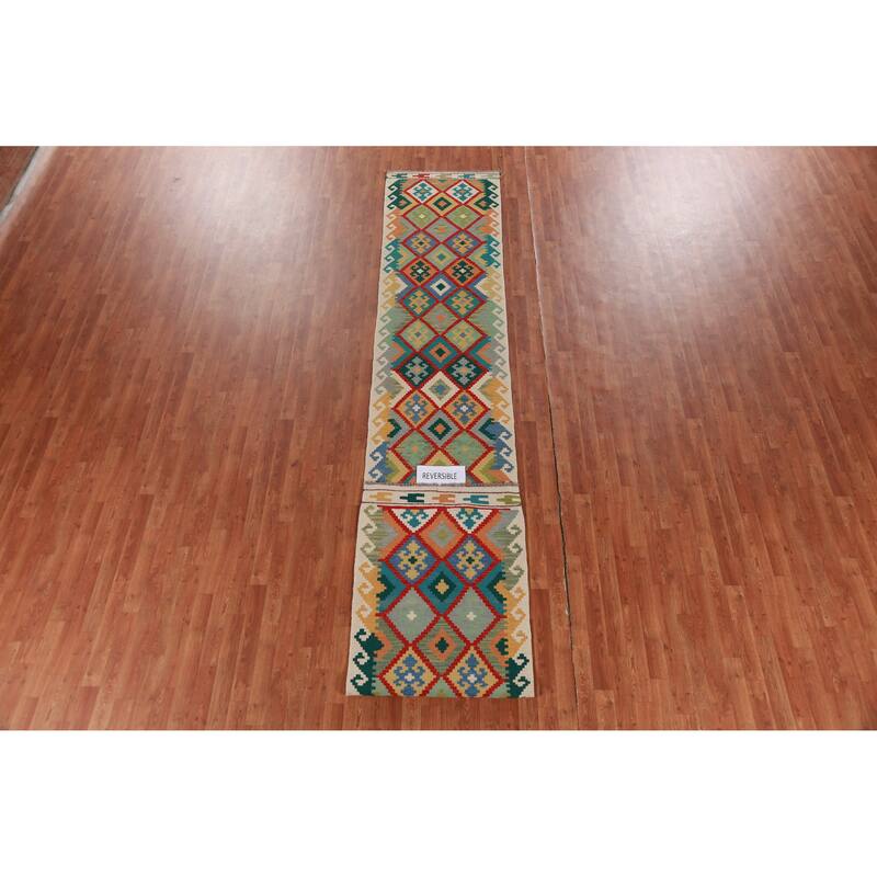 Geometric Kilim Oriental Runner Rug Hand-Woven Wool Carpet - 2'7" x 16'2"