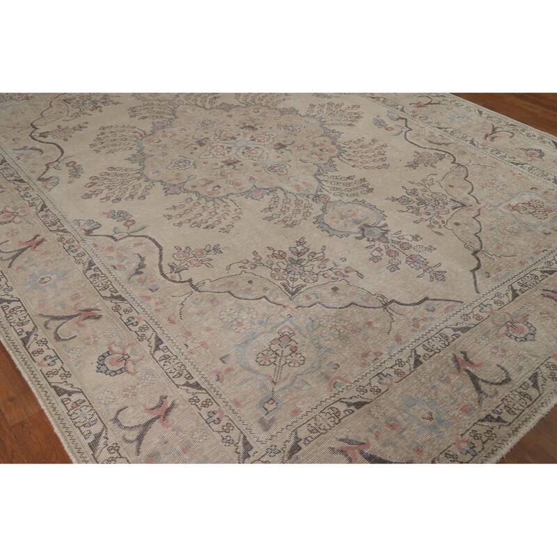 Floral Tabriz Persian Area Rug Hand-Knotted Beige Wool Carpet - 8'2"x 10'11"