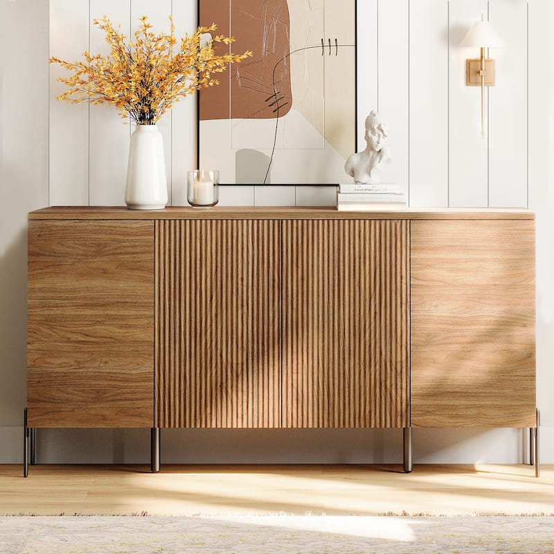 WAMPAT Wooden Reeded Baby Dresser For Bedroom, 61" 4-Door Cabinet For Kids, Mid Century Modern Closet Storage Organizer - Walnut