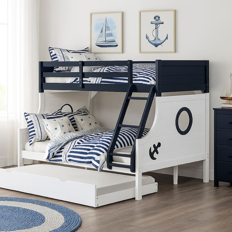 Nexo Twin over Full Bunk Bed, Nautical Accents in White & Dark Blue