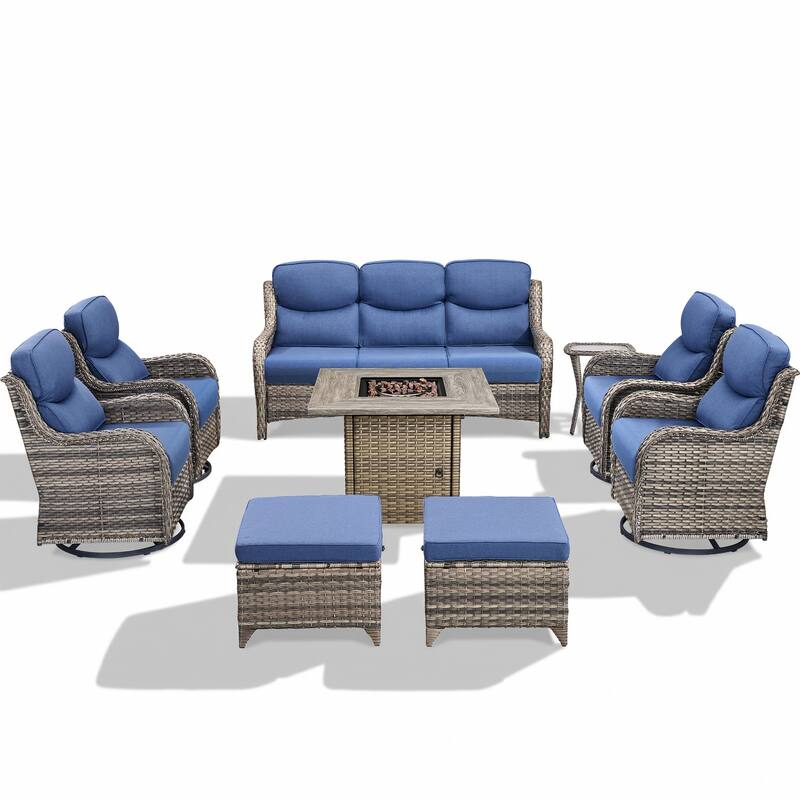 Pocassy Outdoor Propane Fire Pit Table with Sofa Swivel Chair Funiture Set.