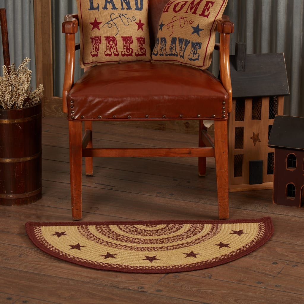 Burgundy Tan Jute Rug Half Circle Stencil Stars w/ Pad 16.5x33 - 16.5" x 33" Half Circle