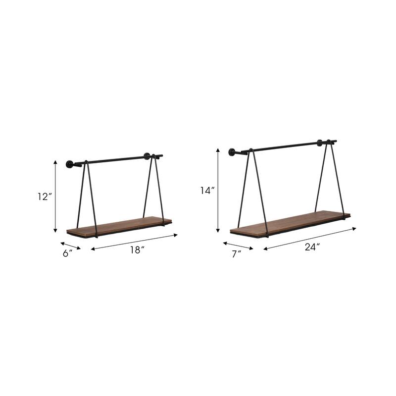 Set of 2 Wall Shelves 12" and 14" Brown and Black Wood and Metal Rustic Floating Swing Wall Shelves Mounted - 24" x 7" x 14"